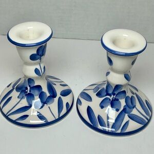 Vintage Candlestick Holder Set Blue And White Floral Design Ceramic 4 1/4”